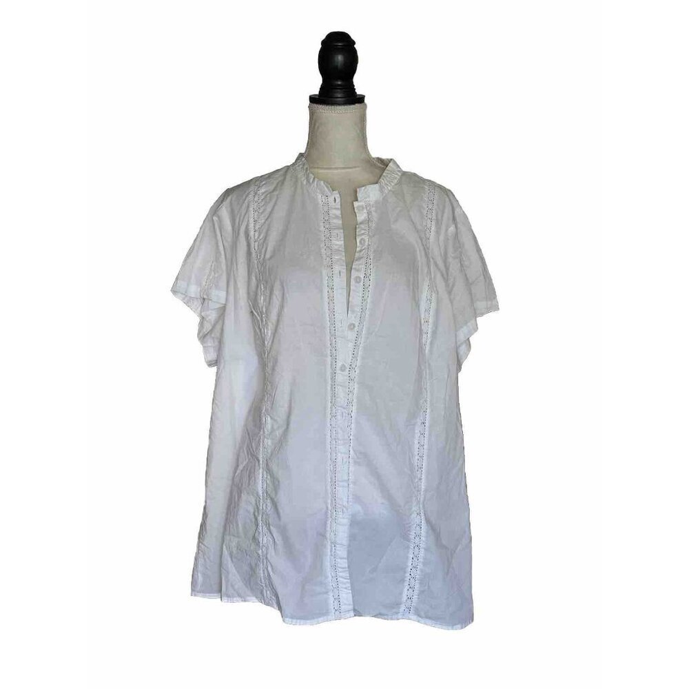Wayward Fancies eShakti White Eyelet  Blouse Button Up Short Sleeve  3XL